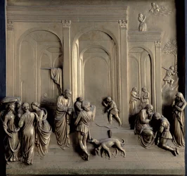 Die Geschichte von Jakob und Esau: Gottes Prophezeiung an Rebekka, die Geburt Jakobs und Jakob und Esau: Esau verkauft sein Erstgeburtsrecht und Isaak segnet Jakob, eine von zehn Relieftafeln von den Toren von Para